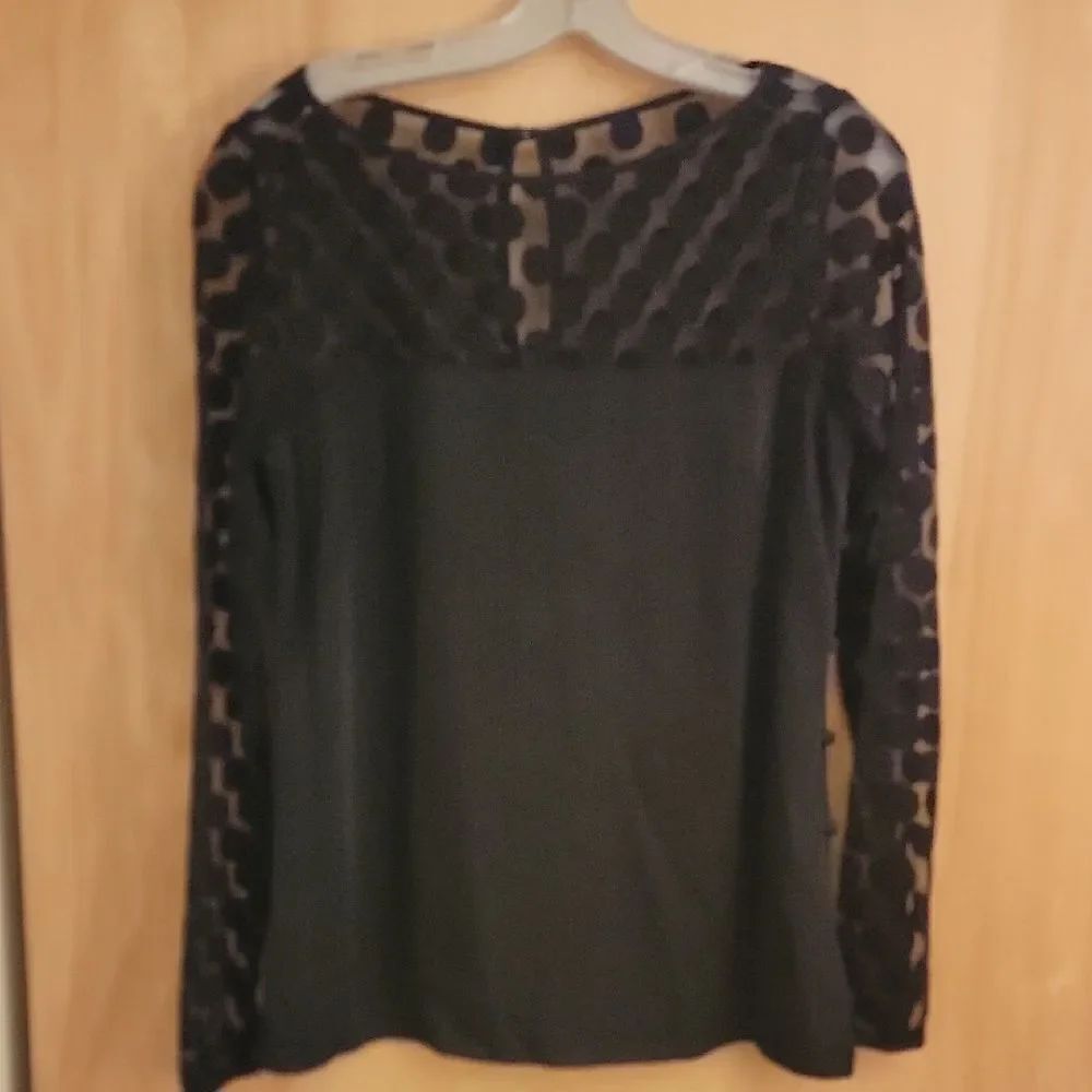Milly Black Top with Sheer Polka Dot Sleeves
